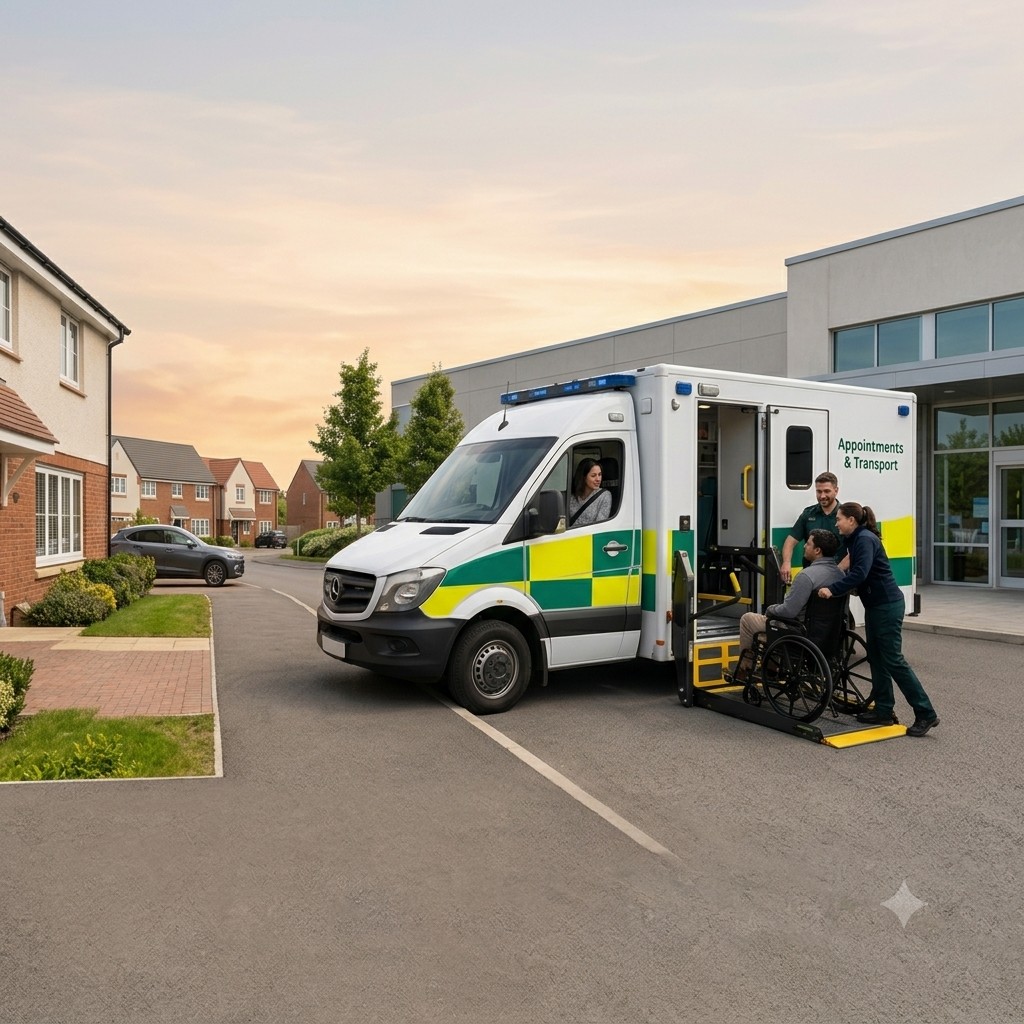 Crew assisting a wheelchair user onto patient transport